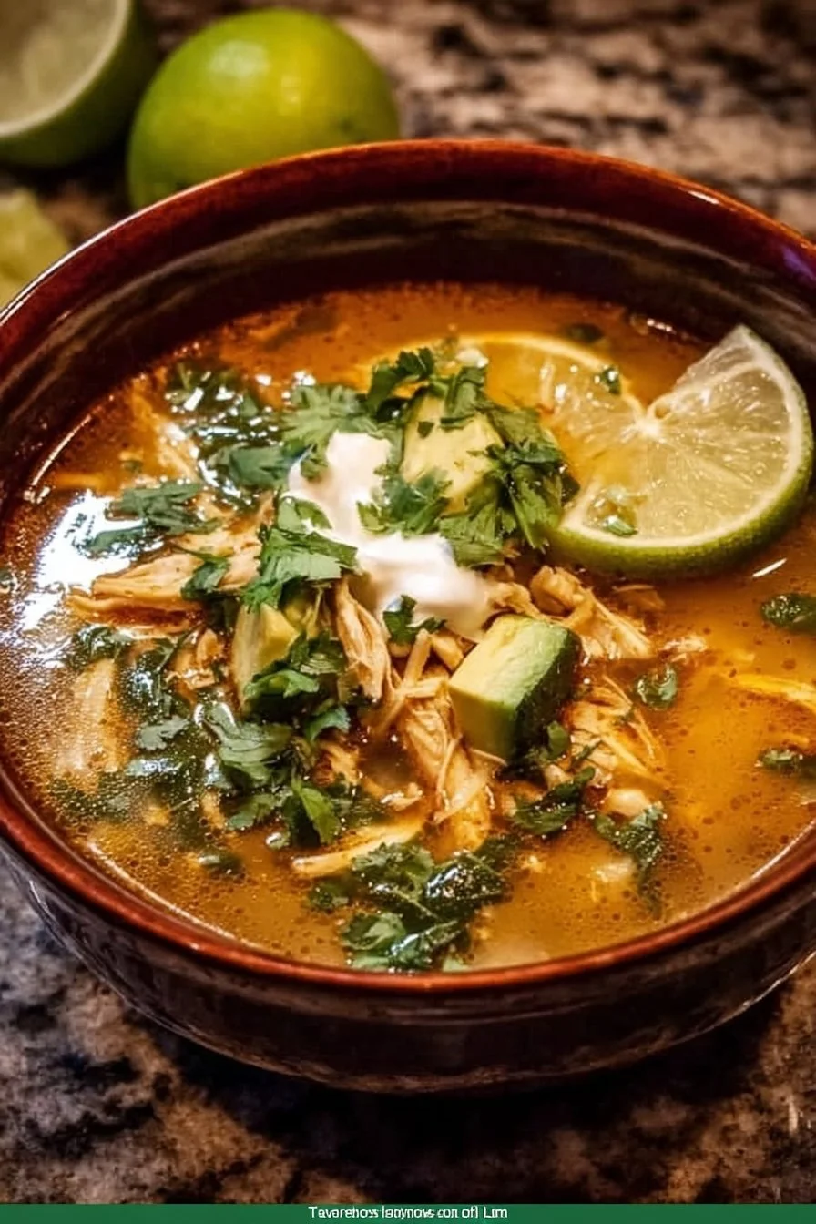 Bowl of Poblano Chicken Tortilla Soup garnished with tortilla strips and cilantro