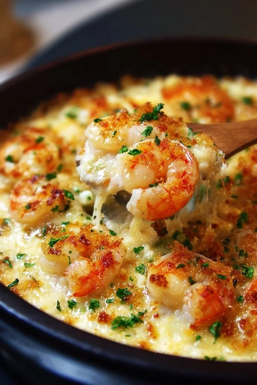 Delicious shrimp casserole served in a white dish with breadcrumbs on top