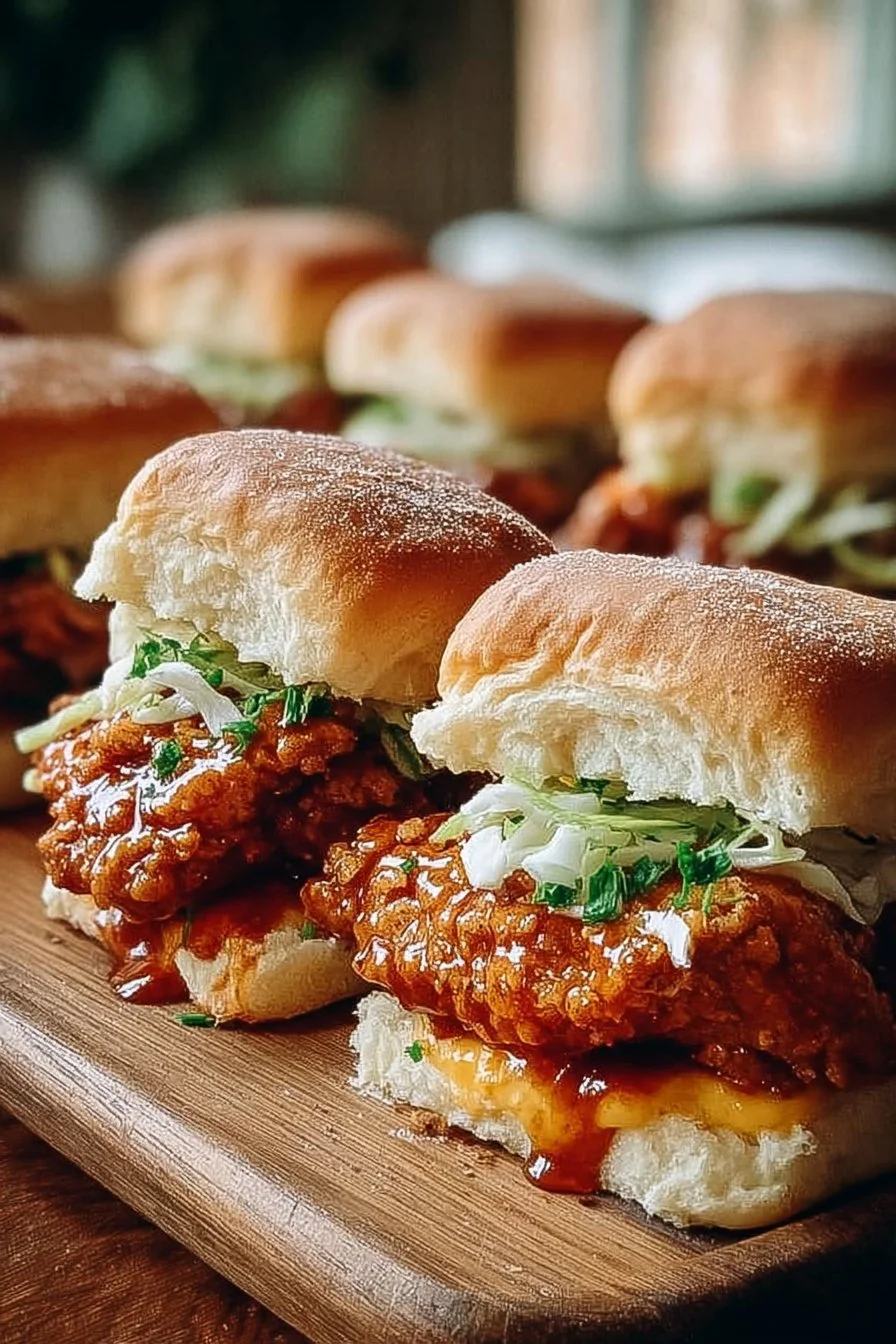 Spicy-sweet hot honey chicken biscuit sliders on a plate garnished with herbs