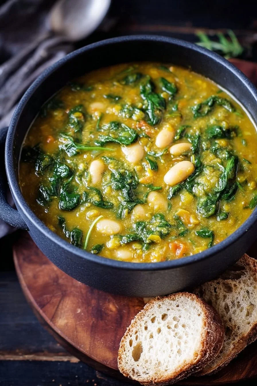 Bowl of healthy spinach, lentil, and butter bean vegan soup