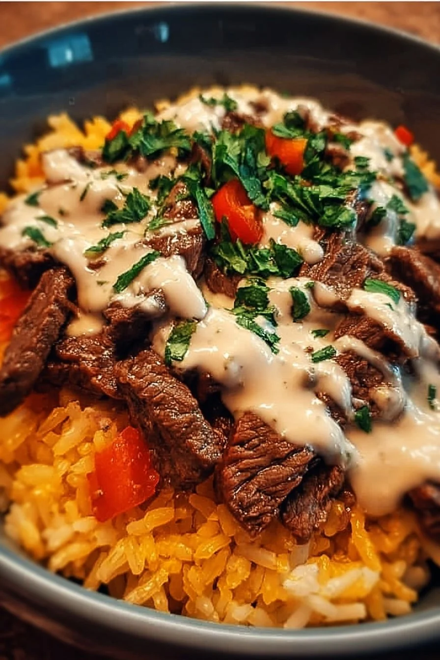 Delicious Steak Queso Rice Bowl with steak, queso, and rice