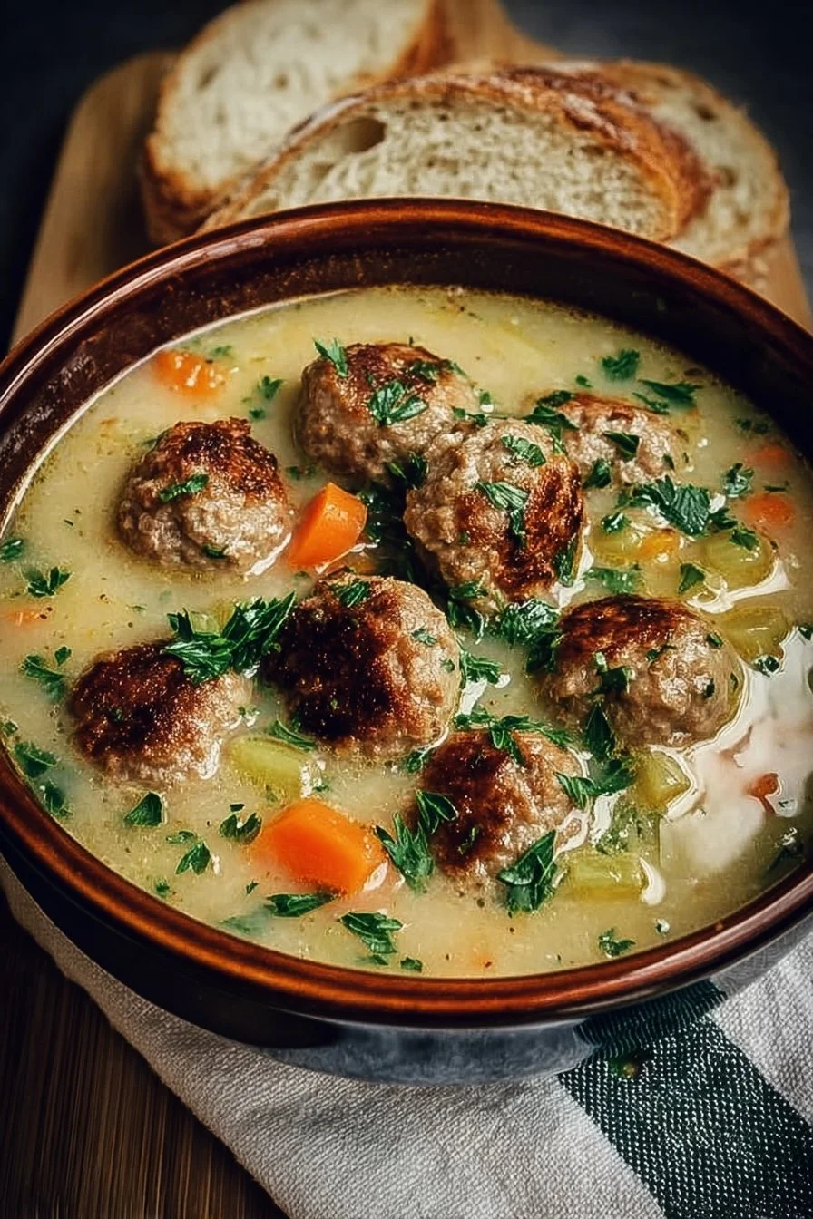 Delicious bowl of Swedish Meatball Soup with fresh herbs and spices