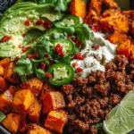 Colorful Sweet Potato Taco Bowl topped with fresh ingredients and garnishes