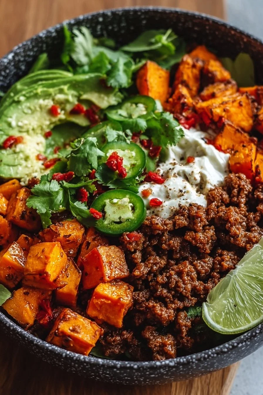 Colorful Sweet Potato Taco Bowl topped with fresh ingredients and garnishes
