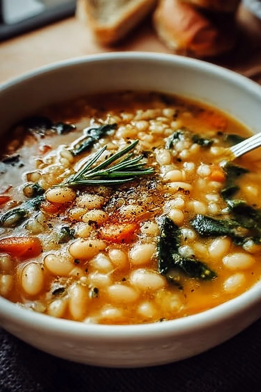 Bowl of Tuscan White Bean Soup garnished with herbs and olive oil