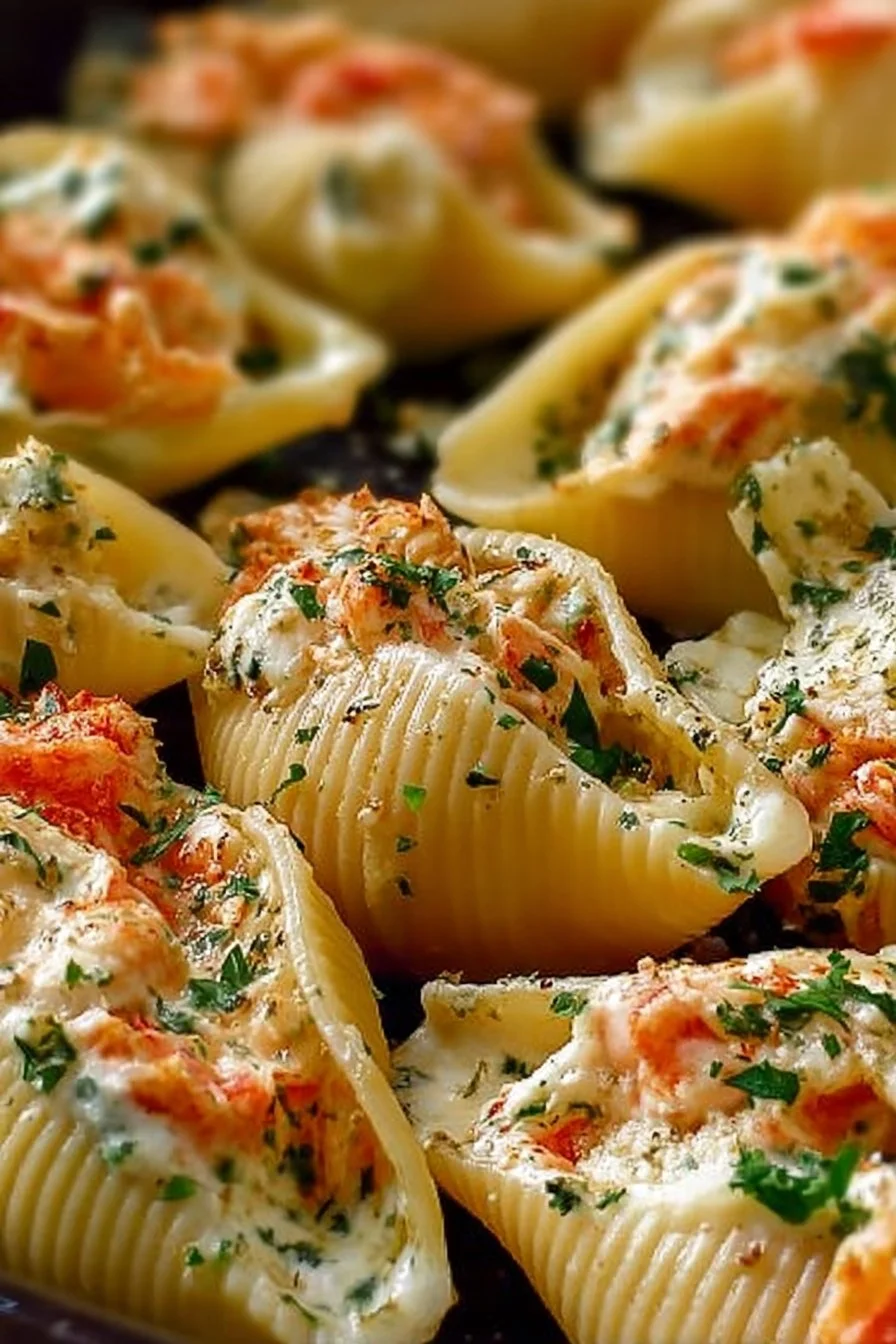 Delicious seafood stuffed shells topped with creamy sauce and herbs